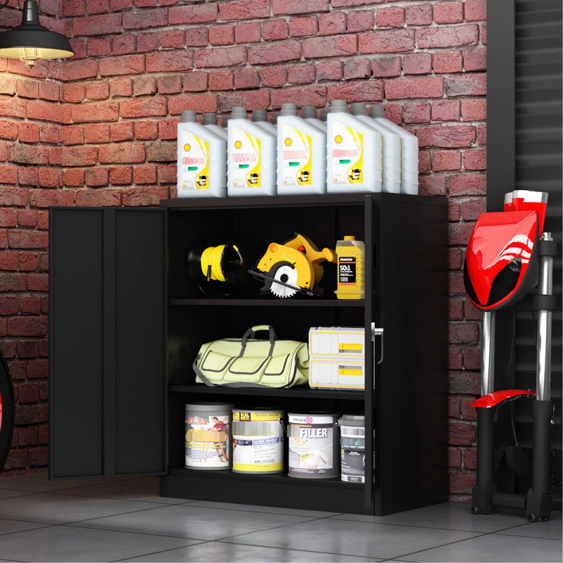 Casier en métal robuste verrouillable - 2 tablettes réglables, armoire de rangement à finition noire avec serrure