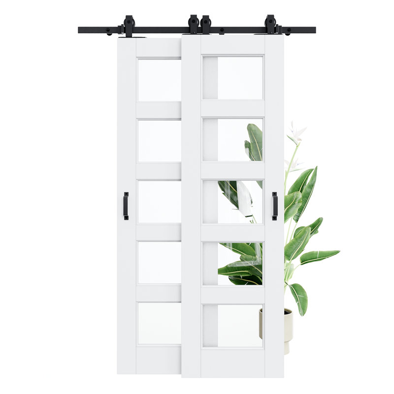 80" H X 40" W 5-Panel White Primed Clear Glass Solid Core Sliding Bypass Barn Door Double Doors With Hardware Kit - No Assembly