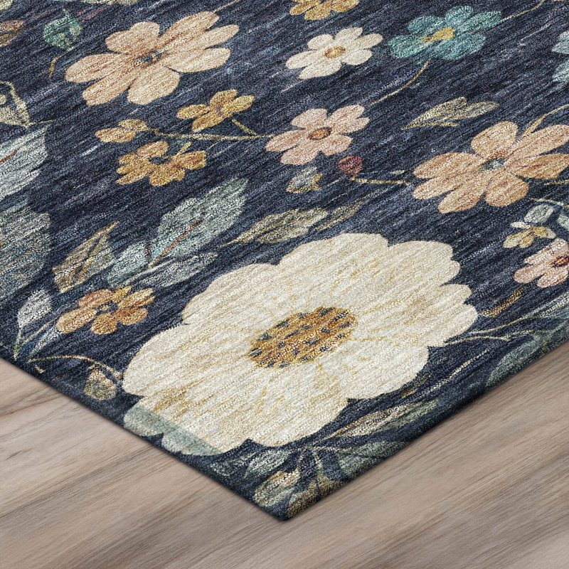 Machine Washable Indoor/Outdoor Chantille ACN2872 Floral Rug, 5' x 7'6", Navy