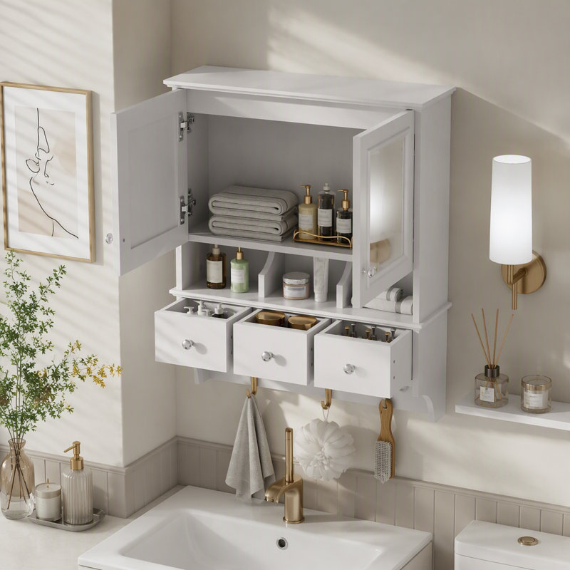 Armoire à pharmacie multifonctionnelle pour salle de bain avec miroirs, tiroirs et crochets de rangement, White
