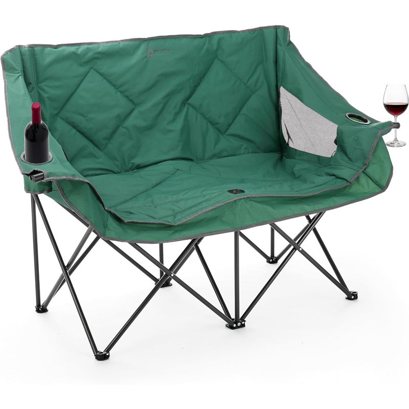 Forest Green Portable Folding Double Camping Loveseat with Cup Holders