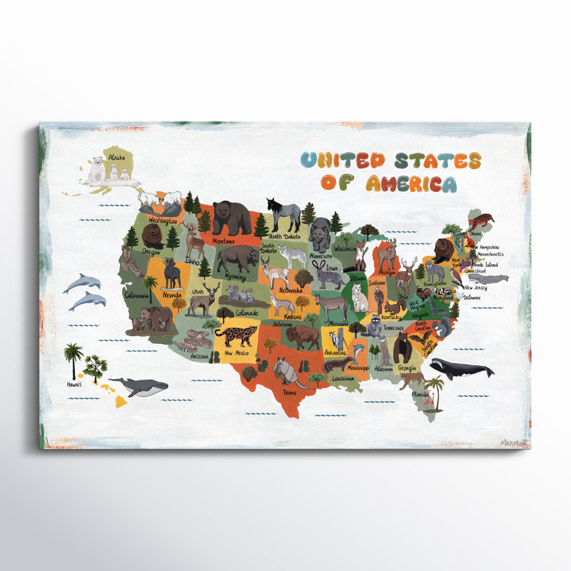«Lagarde», carte colorée d'animaux des États-Unis sur toile tendue, H 24 po x l 36 po x 1,5 po