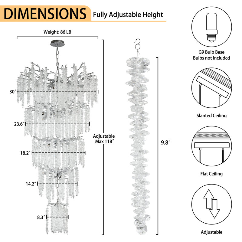 Hoeg Light Crystal Dimmable LED Tiered Chandelier, Silver