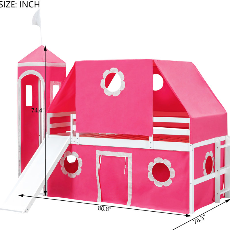 Lit mezzanine simple rose avec tente coulissante et tour - construction solide, lattes compatibles, comme pour la transformation de chambre à coucher, fenêtre