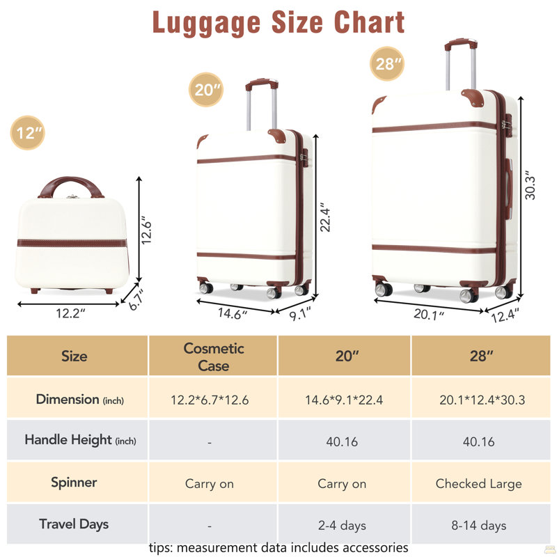 Valise à roulettes Hardshell 3 pièces 20 "+ 28" Valise avec serrure TSA légère, blanche, H 30,3 po x l 20,1 po x P 12,4 po