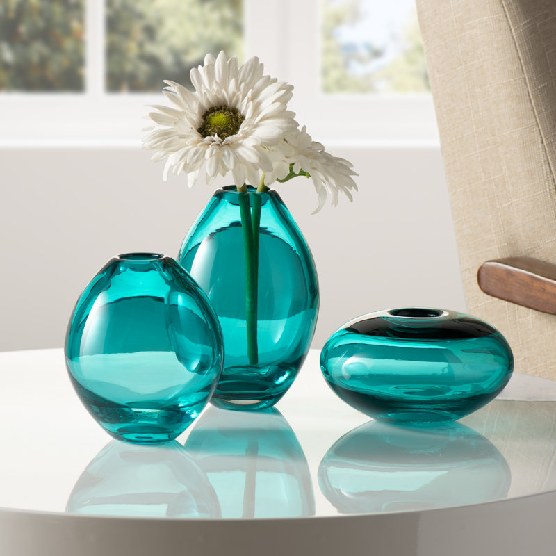 Cecile 3-Piece Hand-Blown Glass Vase Set (Teal), Teal