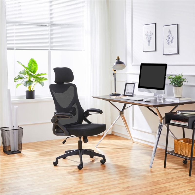 Fauteuil de travail ergonomique avec appui-tête et accoudoir rabattable Joyti, Noir, Noir