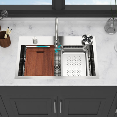 Évier de cuisine en acier inoxydable de calibre 16, 3 modes de fonctionnement, guide en forme de X, revêtement pour la condensation, livré avec une grille de séchage, des pinces d'installation et une passoire 31,5 po
