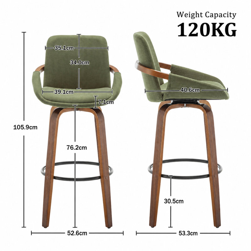 Swivel Upholstered Counter Stool, Green, Bar Stool (76.2cm Seat Height)