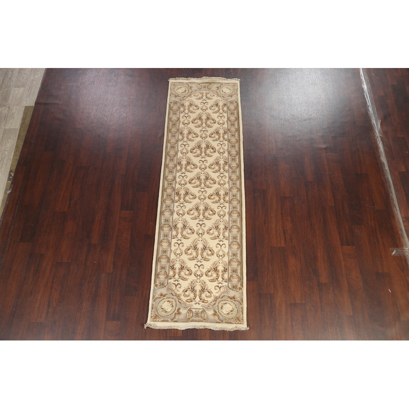 Tapis de couloir beige en laine noué à la main de conception unique 2 pi 8 po x 8 pi 11 po