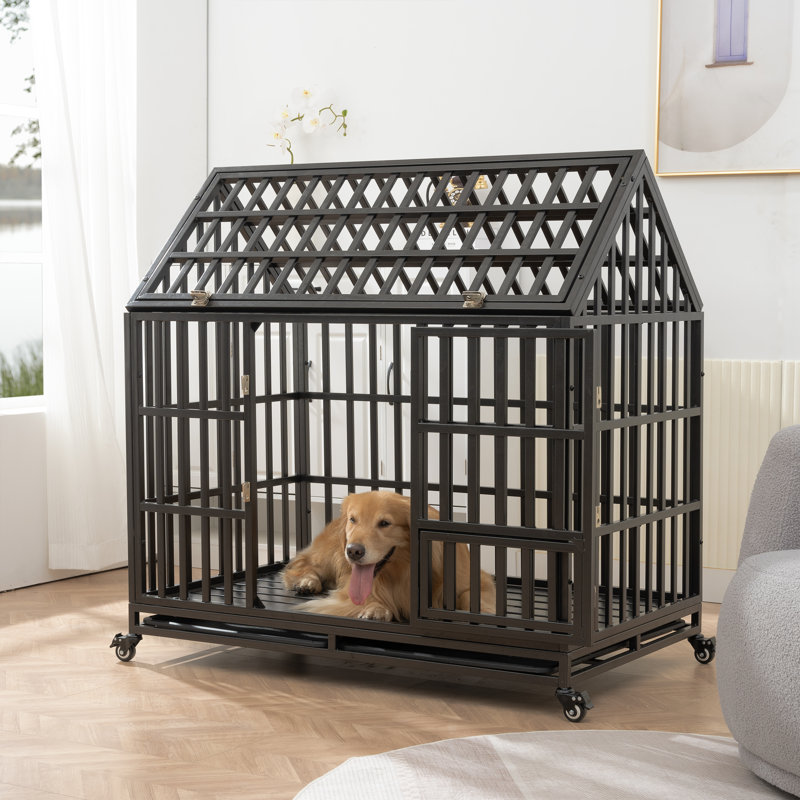 Heavy Duty Black Rolling Dog Crate with Roof and Window