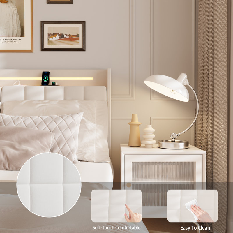 Floating Bed Frame with Storage Headboard, LED Bed Frame with Charging Station, King, Beige