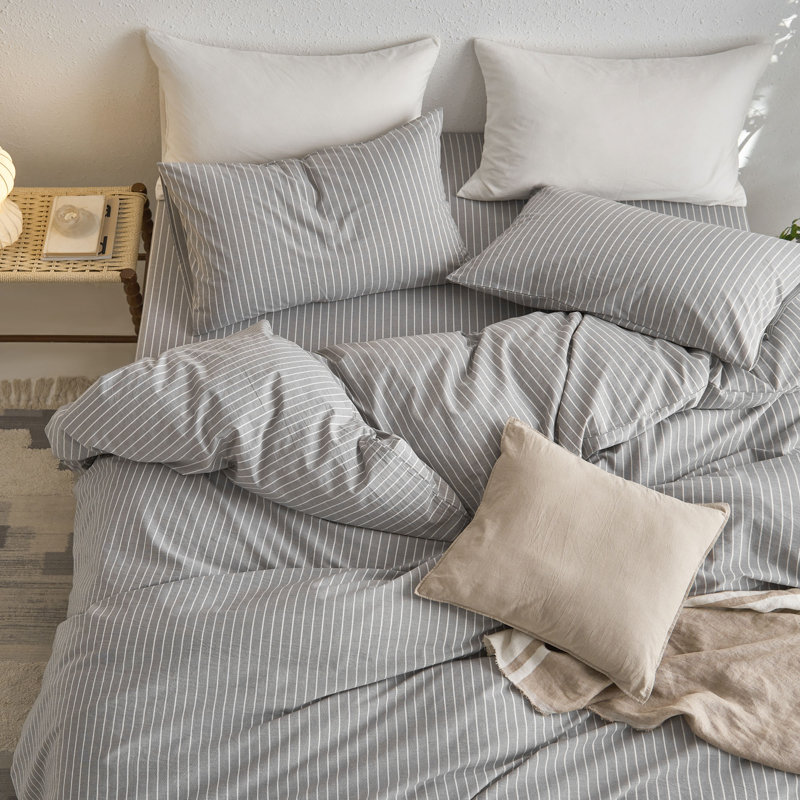 MooMee Striped Duvet Cover Set 100% Washed Cotton Linen Like Textured, Wide Stripes - Light Gray/White