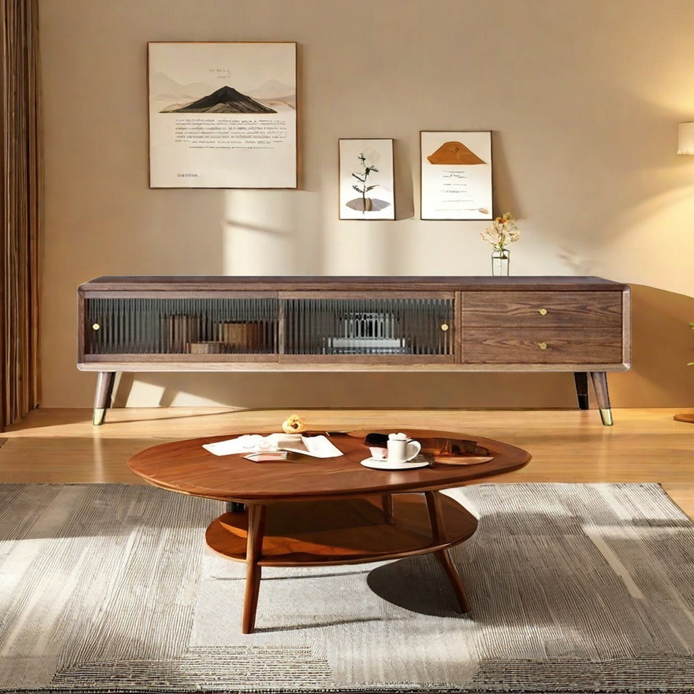 ComfyFurnituress Wood TV Stand with Ribbed Glass and Brass Handles ...