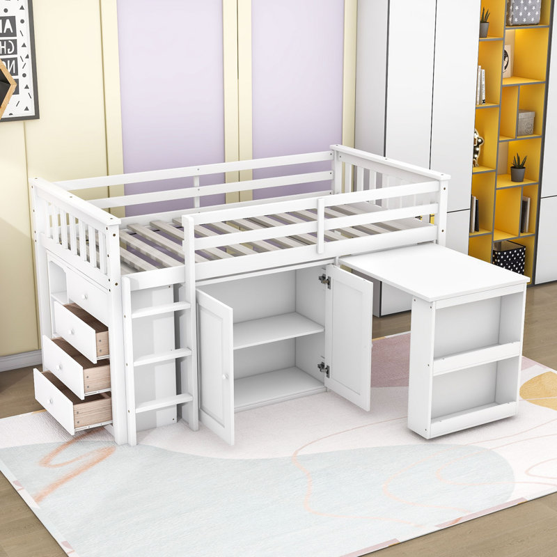 Lit mezzanine simple en bois avec bureau coulissant, armoire de rangement sous le lit, tablette latérale et tiroirs, Blanc