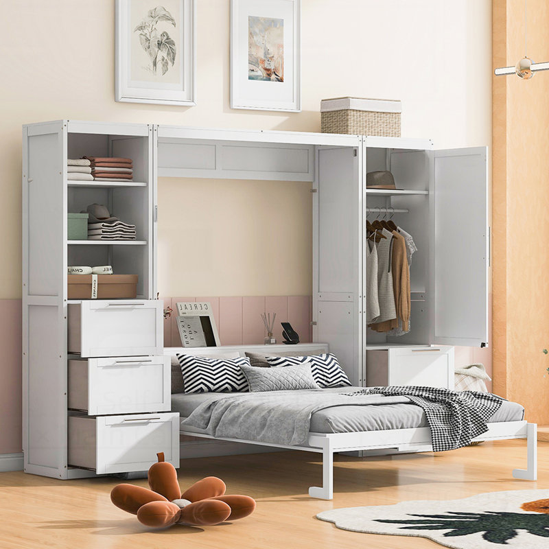 Lit escamotable peu encombrant avec rangement intégré et configuration personnalisable, pour une vie moderne, Blanc