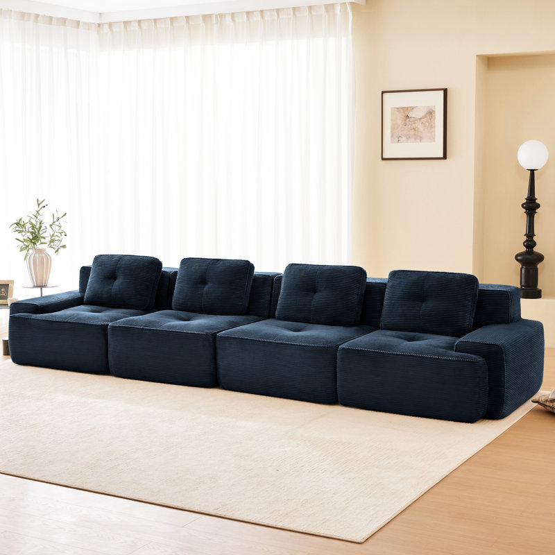 Canapé modulaire 153 po en velours côtelé 153 po, bleu, assise profonde, passepoil perlé, sans assemblage, base moderne bleu