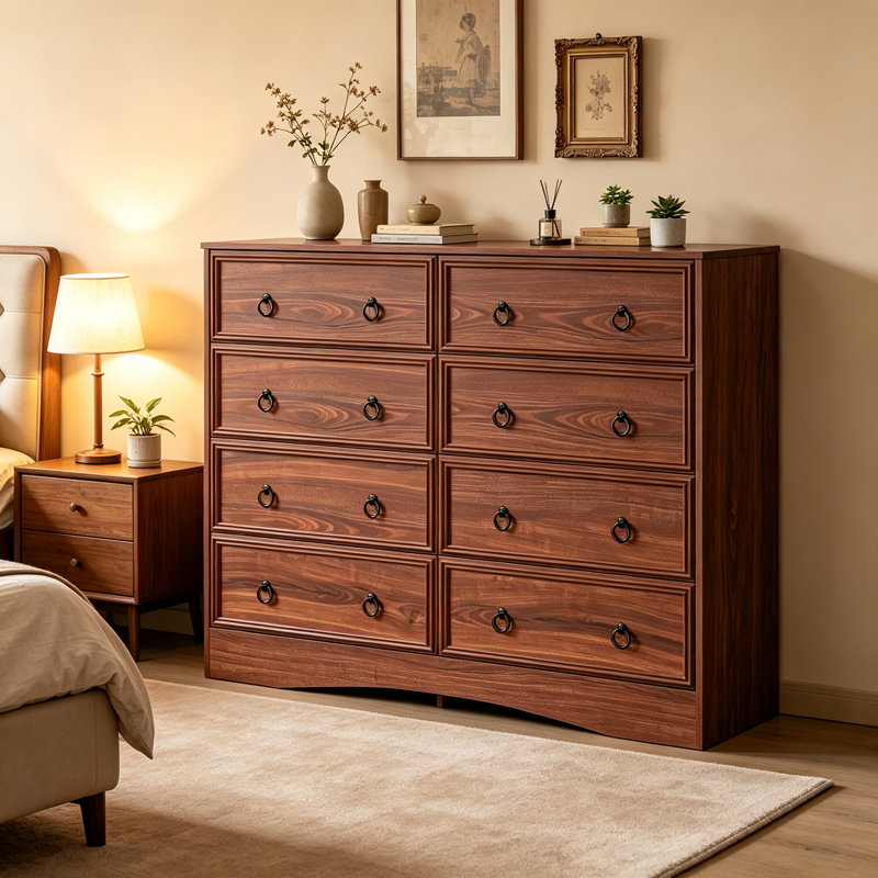 Commode 47 pouces pour chambre à coucher, commode 8 tiroirs avec grands tiroirs, commode en bois Mid-Century moderne pour le salon, couloir, couleur cerisier