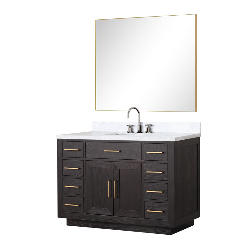 48" Single Bathroom Vanity Set with Mirror, White Carrara Marble, Black Oak