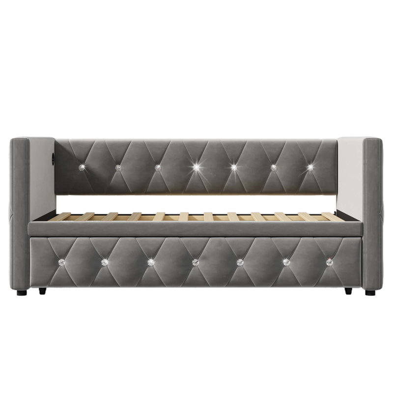 Bencar Upholstered Velvet Daybed with Trundle Bed, Grey