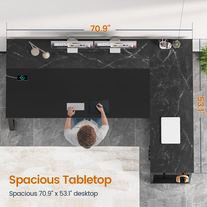 71" L-Shaped Executive Desk With Power Outlets, Modern Home Office Corner Desk with File Drawers and Pegboard, Marble Black