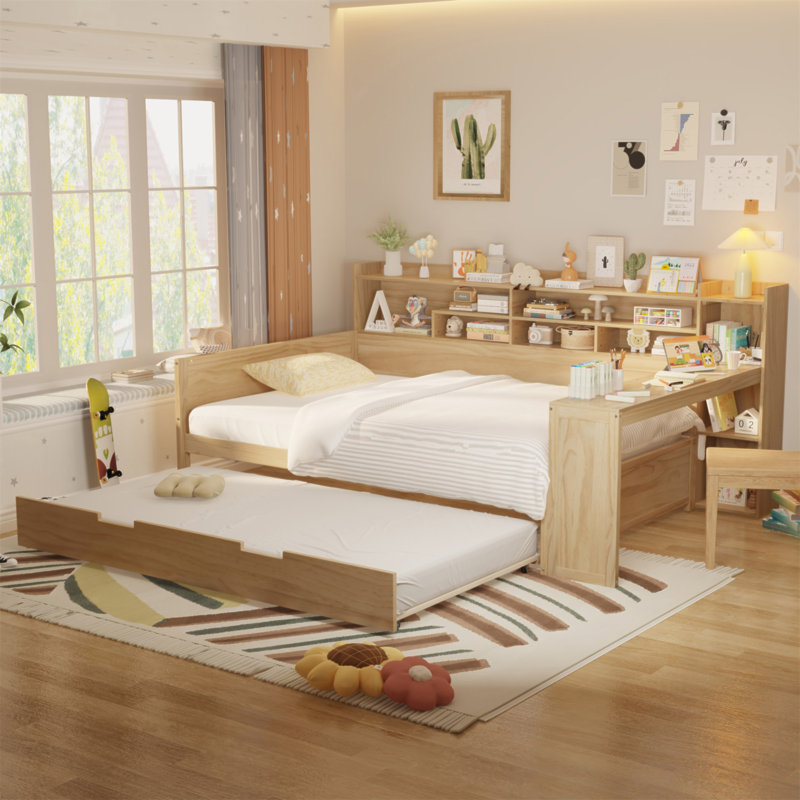Lit de jour double en bois avec tablettes de rangement, lit multifonctionnel avec lit gigogne simple et bureau d'étude