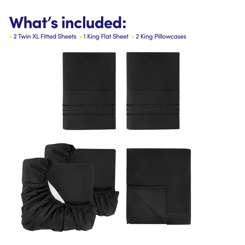 Split & Adjustable King Ultra Soft Double Brushed Microfiber Sheet Sets - Split King, Black, Split King, Black