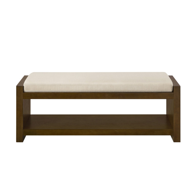 47" Accent Bench With Lower Shelf Shoe Rack, Padded Seating Bench For Living Room, Modern Compact Bed End Bench With Storage For Bedroom Seating, Removable Cushion, Brown, 47"W- Granite- Ivory