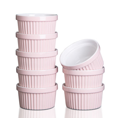 Set of 8 8Oz Fluted Ceramic Ramekins, 4 Inch Stackable Porcelain Souffle Bowl, Oven Microwave Freezer Dishwasher Safe for Creme Brulee Pudding Dipping Sauce