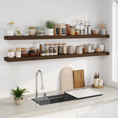 Tablettes flottantes de 72 pouces, tablette flottante murale en bois rustique avec supports invisibles pour le rangement et la décoration, paquet de 2 tablettes pour la salle de bain, la chambre à coucher et la cuisine, noyer