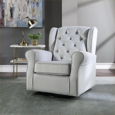Luxury Transitional Swivel Glider Accent Arm Chair, Neutral Grey Fabric Upholstery with Solid Wood Frame