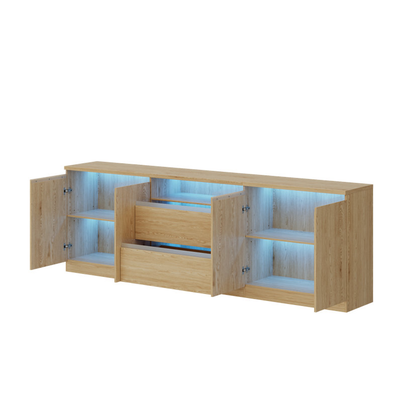 Meuble télé moderne pour téléviseur de 100 po ou moins avec lumière DEL, Oak Wood