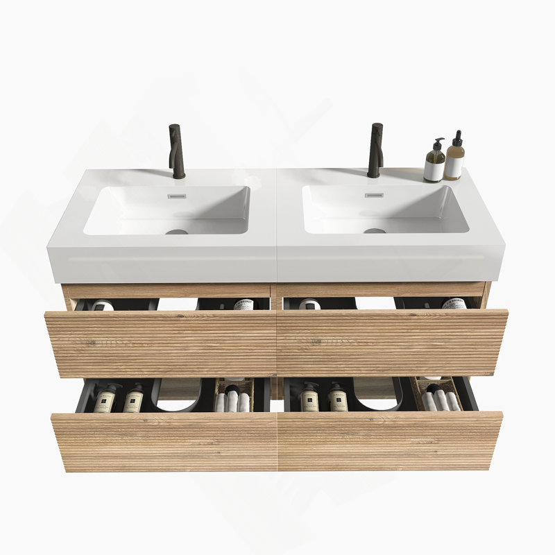 Meuble-lavabo Grace de 48 po avec lavabo en quartz d'ingénierie et tiroirs noirs doux, meuble-lavabo mural flottant pour salle de bain moderne, lavabo une pièce blanc brillant, KD