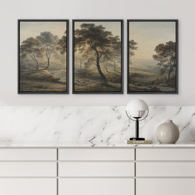 «Soft Morning Light Forest Stream Landscape with Trees», reproduction d'art sur toile encadrée