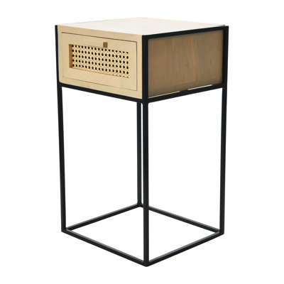 Gaener Metal & Mango Wood End Table Or Nightstand With Woven Cane Drawer Front Detail, Furniture For Living Room Or Bedroom by Bayou Breeze
