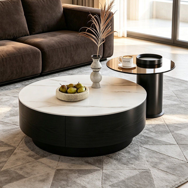 Ensemble de petites tables basses pour petit salon, Brown/Light Gray Top/Black Base, 12.99" H x 27.55" W x 27.55" D, Marble