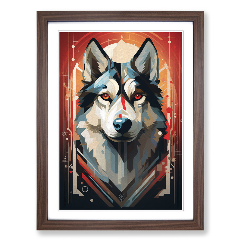 Husky Art Deco No.2 - Single Picture Frame Print on Wood, 64cm H x 46cm W x 2cm D, Walnut