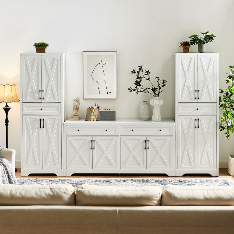 TV Cabinet Set Multifunctional TV Wall, One TV Cabinet And Two Sideboards For Living Room, 68'' H x 108.7'' W x 15" D, White