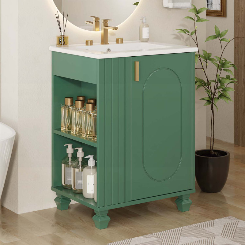 Meuble-lavabo 24 po avec lavabo, tablette d'armoire, rangement latéral ouvert, cadre en bois, porte à fermeture douce, Vert