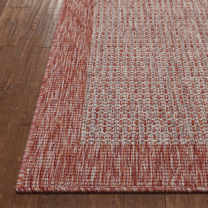 Marshanna Odin Solid Striped Border Indoor Outdoor Coral Flatweave Rug, Rectangle 5'3" x 7'3"