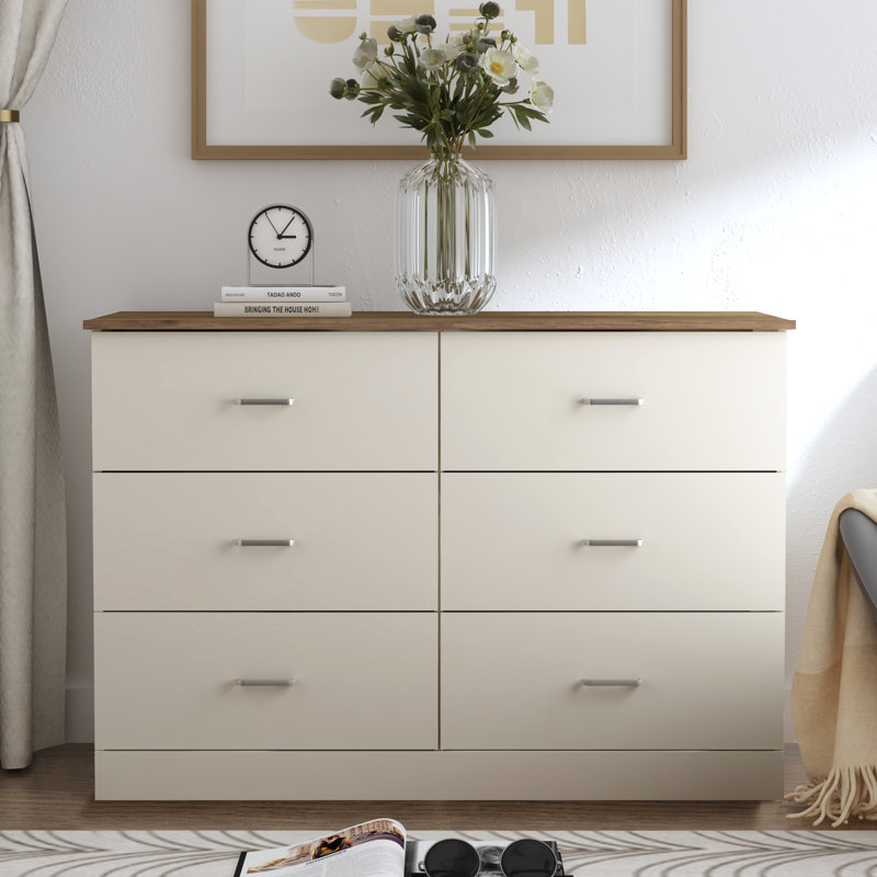 Allyannah 47" W 6-Drawer Manufactured Wood Double Dresser with Interlocking Drawers, Ivory/Knotty Oak