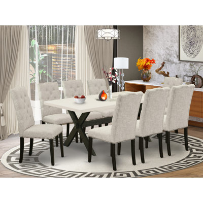 9 Piece Dining Room Table Set Includes a Rectangle Dining Table with X-Legs and 8 Doeskin Linen Fabric Upholstered Parson Chairs, Wire brushed Black