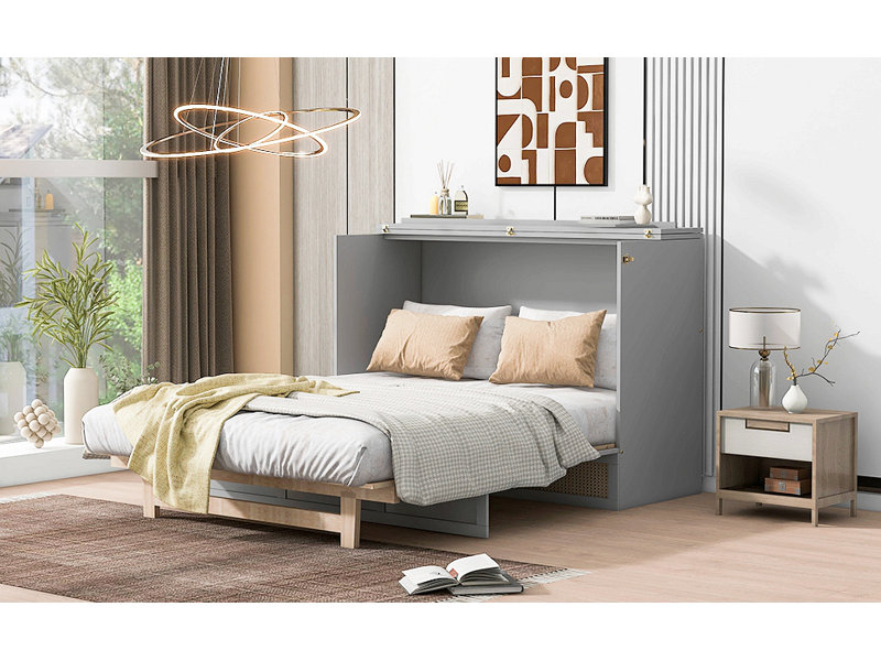 Lit escamotable avec grands tiroirs Murphy, Gris, Lit double