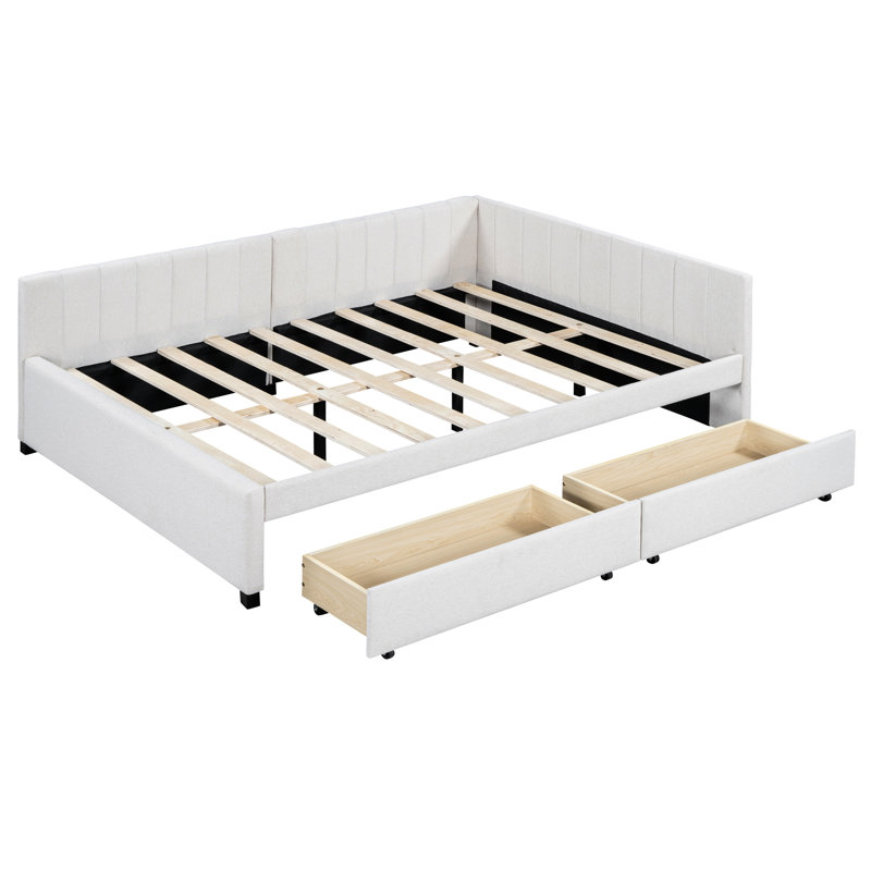 2 lits de jour beige, revêtement en lin, base en bois, pas de sommier double, 2 espaces de rangement, cadre, pour plus de fonctionnalité