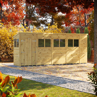 Powersheds 18 x 4ft Premium Pressure Treated Timber Pent Garden Shed, Double Doors