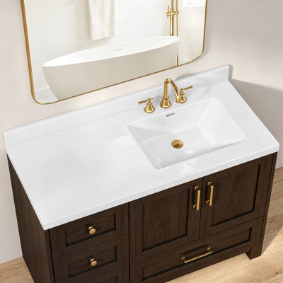 Plan de toilette en surface solide de 107 cm (42 po) avec lavabo intégré à droite, comptoir de salle de bain blanc avec dosseret de 9 cm (3,5 po) et 3 trous prépercés pour robinet à entraxe de 20 cm (8 po).