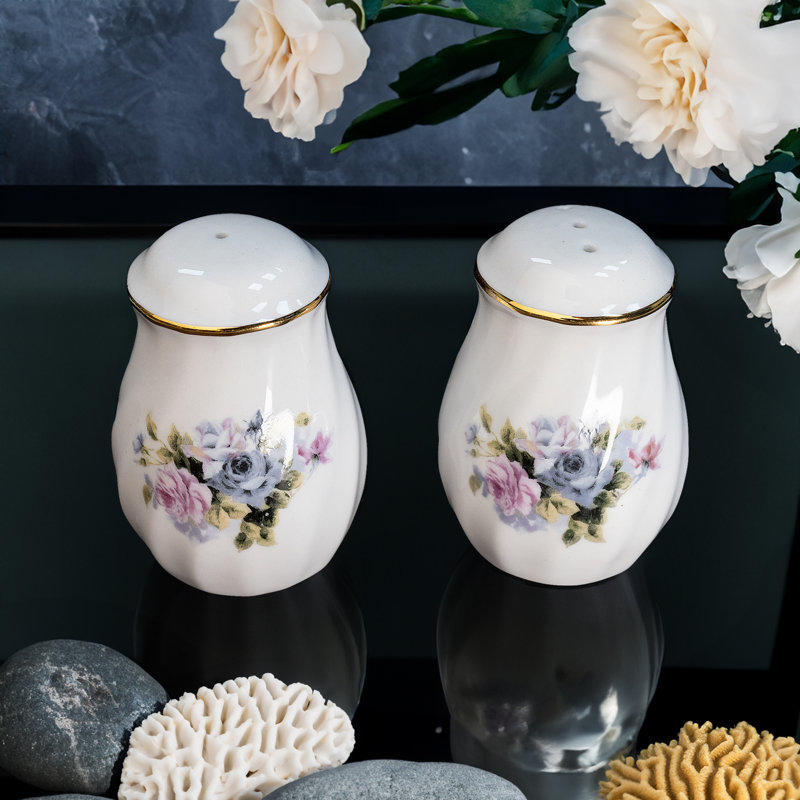 Ramsha White Porcelain Salt & Pepper Shaker set, embossed detail & 24k gold trim