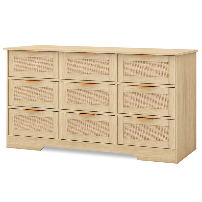Natural Rattan 9 Drawer Dresser Boho Storage Chest of Drawers for Living Room