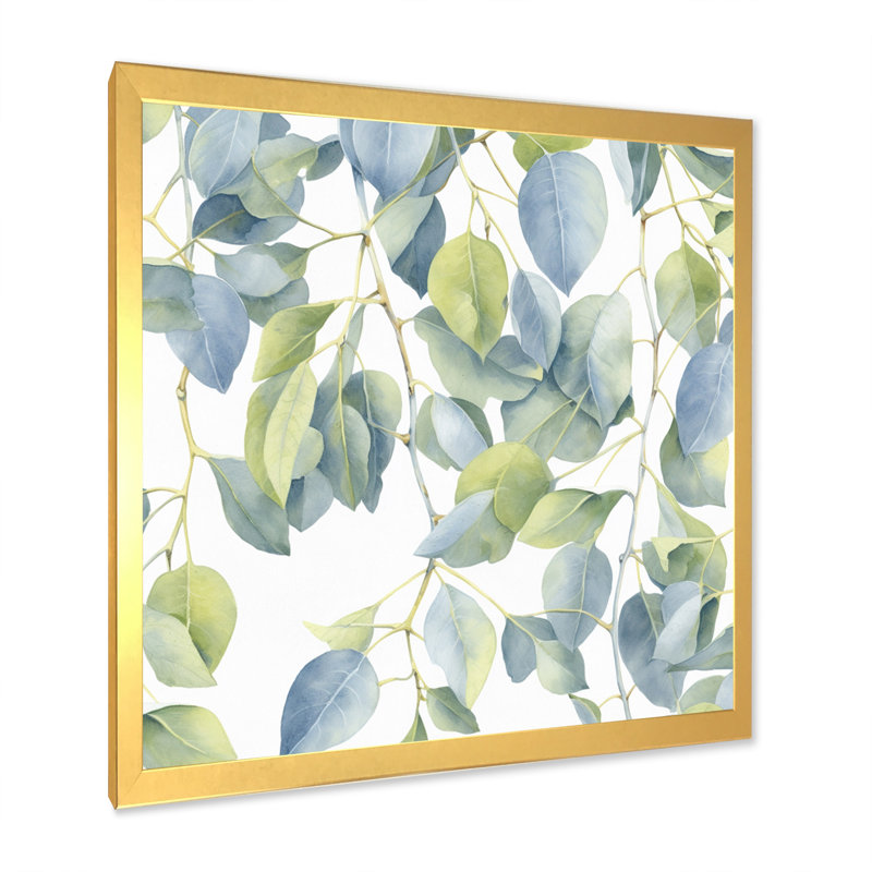 «White Green Minimalisme Eucalyptus Essence II», reproduction sur toile, Encadrement doré, H 16 po x l 16 po x P 1 po