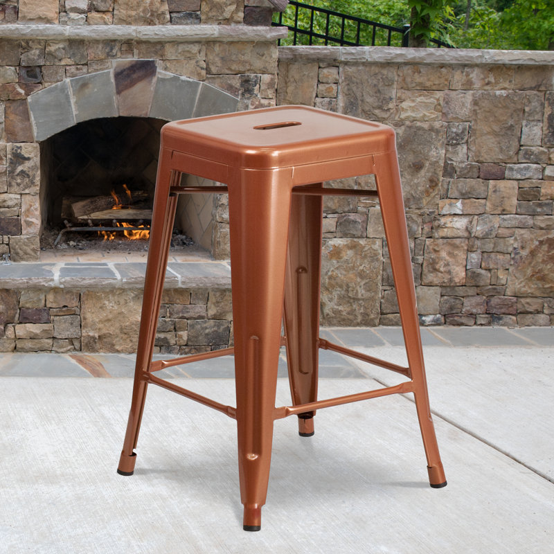 Tabouret à hauteur de comptoir 24 po intérieur / extérieur en métal avec siège carré, Glossy Copper, 1